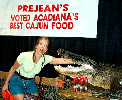 A stuffed alligator guards the door at Prejean�s Restaurant.